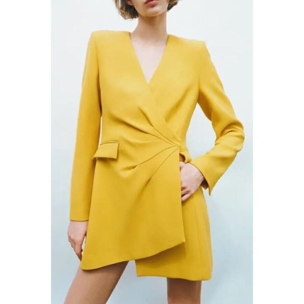 ZARA WOMAN LIMITED EDITION YELLOW DRAPED BLAZER DRESS SIZE S Asymmetric - Picture 8 of 8